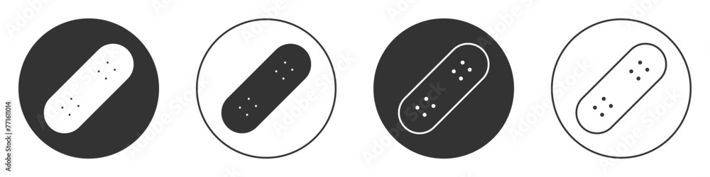 Black Skateboard icon isolated on white background. Extreme sport. Sport equipment. Circle button. Vector Black Skateboard icon isolated on white background. Extreme sport. Sport equipment. Circle button. Vector