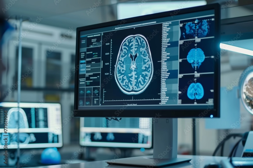 In a modern medical facility an advanced monitor displays a detailed brain scan In a modern medical facility an advanced monitor displays a detailed brain scan
