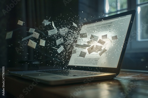 An open laptop screen emitting a burst of email envelopes