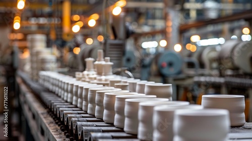 An industrial production line with rows of white ceramic parts