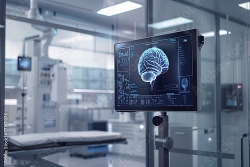 In a modern medical facility an advanced monitor displays a detailed brain scan photo
