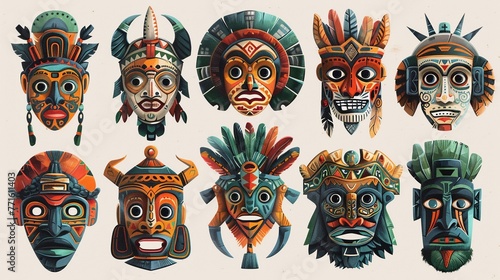 Cultural masks embodying the primordial archetypes of every civilization, 2D with simple shapes and no shading, vector art with bold black outlines