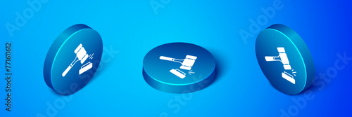 Isometric Auction hammer icon isolated on blue background. Gavel - hammer of judge or auctioneer. Bidding process, deal done. Auction bidding. Blue circle button. Vector