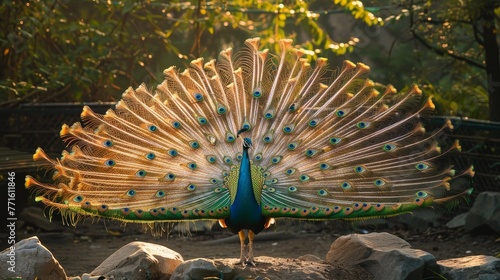 A beautiful peacock is standing in front of a rock. The peacock is spread out with its feathers open, showing off its vibrant colors. The scene is peaceful and serene