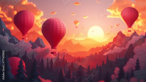 A beautiful scene of three red hot air balloons flying over a forest with a sunset in the background