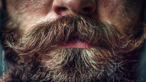 A detailed close-up of a mans face, highlighting his expressive eyes, moustache, and beard