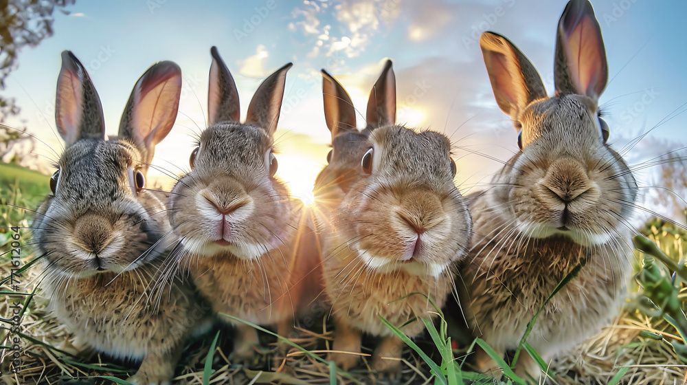 A group of bunnies sitting next to each other in a row