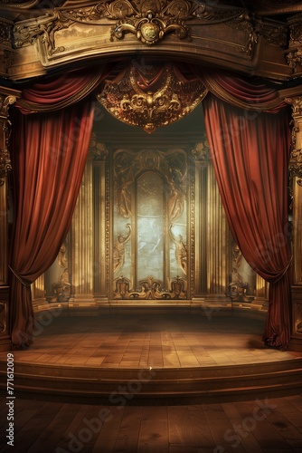 Stage with heavy curtain. Ambiance of a theater setting  showcasing the grandeur of the wooden stage with a prominent heavy curtain as a focal point.
