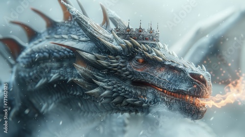 A dragon with a crown on its head is blowing fire. The dragon is surrounded by snow, giving the image a cold and mystical atmosphere © Sodapeaw