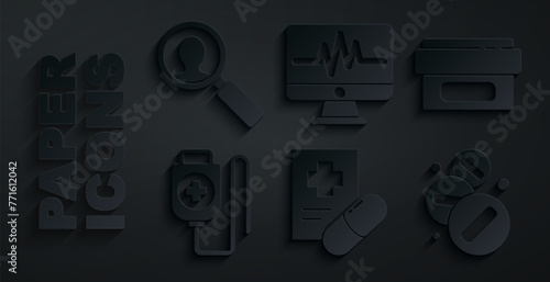 Set Medical prescription, Ointment cream tube medicine, IV bag, Medicine pill or tablet, Monitor with cardiogram and analysis icon. Vector