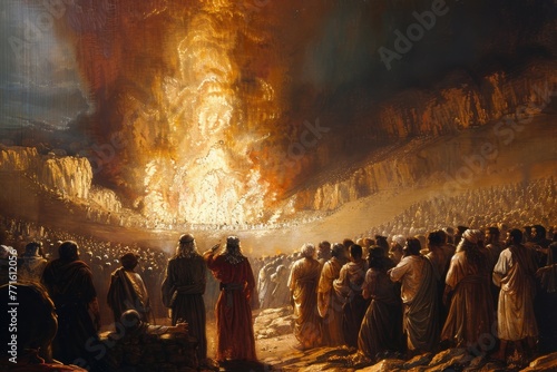 Elijah praying to God and causing fire to fall from heaven on the sacrificial altar facing the prophets of Baal, Generative AI