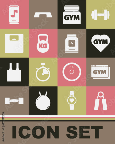 Set Sport expander, Online fitness training, Fitness gym heart, Sports nutrition, Kettlebell, Bathroom scales, Music player and icon. Vector