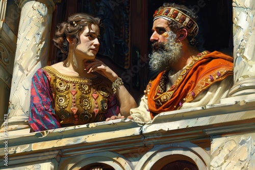 Illustration of King David sitting in the window of his palace talking to Bathsheba his wife Generative AI photo