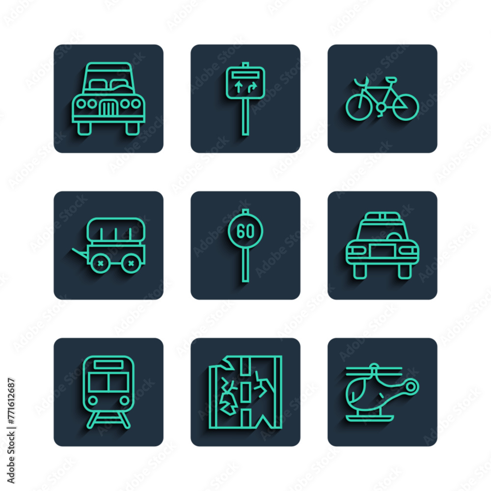 Set line Train and railway, Broken road, Helicopter, Bicycle, Speed limit traffic, Wild west covered wagon, Car and Police car flasher icon. Vector Set line Train and railway, Broken road, Helicopter, Bicycle, Speed limit traffic, Wild west covered wagon, Car and Police car flasher icon. Vector