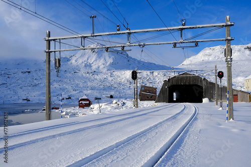 Railway line and tunnel at Finse station, Finse, Norway on the Oslo-Bergen Bergensbanen route, Norway