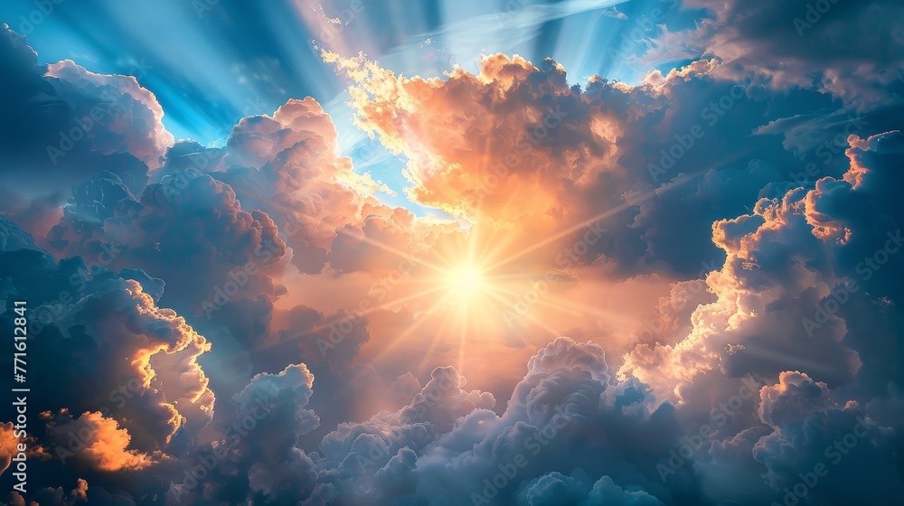 The sun is shining through the clouds, creating a beautiful and serene scene. The clouds are fluffy and white, and the sun is bright and warm. The sky is filled with light and color
