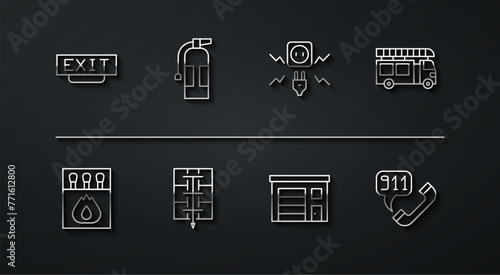 Set line Fire exit, Matchbox and matches, truck, Building of fire station, Evacuation plan, extinguisher, Telephone call 911 and Electricity spark icon. Vector