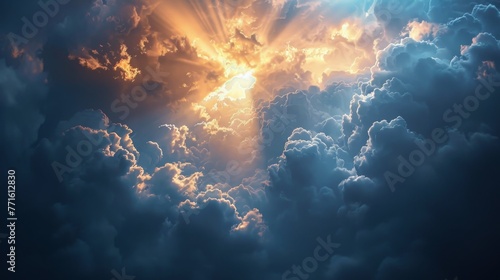 The sky is filled with clouds and the sun is shining through them. The sun is casting a warm glow on the clouds, creating a beautiful and serene atmosphere
