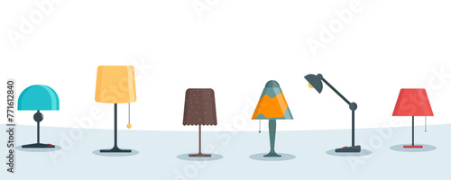 Furniture chandelier, floor and table lamp in flat cartoon style. A set of lamps on a white background. Chandeliers, illuminator, flashlight - elements of a modern interior. Vector illustration.
