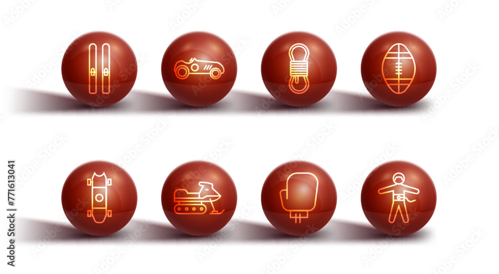 Set line Ski and sticks, Longboard or skateboard, Rugby ball, Boxing glove, Snowmobile, Vintage sport racing car, Bungee jumping and Climber rope icon. Vector Set line Ski and sticks, Longboard or skateboard, Rugby ball, Boxing glove, Snowmobile, Vintage sport racing car, Bungee jumping and Climber rope icon. Vector