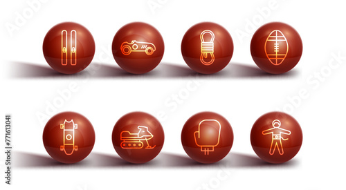 Set line Ski and sticks, Longboard or skateboard, Rugby ball, Boxing glove, Snowmobile, Vintage sport racing car, Bungee jumping and Climber rope icon. Vector