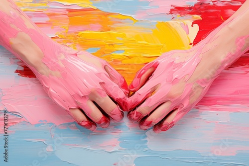 two children's hands are immersed in pink and yellow paint, evoking a sense of joy and creativity