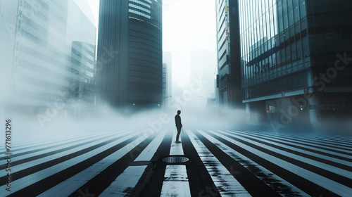 A lone figure stands at the crossroad of a mist-shrouded city, buildings warp as if alive, symbolizing the psychogeographic impacts on one's soul