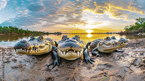 Two crocodiles are sitting on the sand with their mouths wide open photo