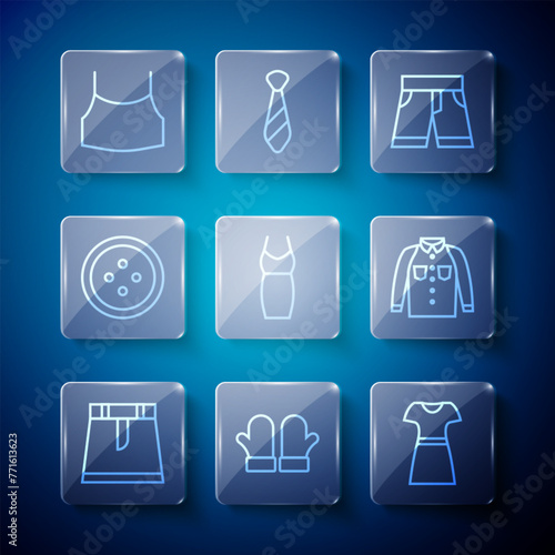 Set line Skirt, Christmas mittens, Woman dress, Short or pants, Sewing button for clothes, Female crop top and Shirt icon. Vector