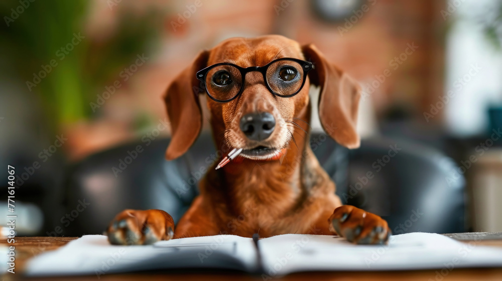 Dachshund dog with glasses sitting attentively at a desk, looking focused and engaged