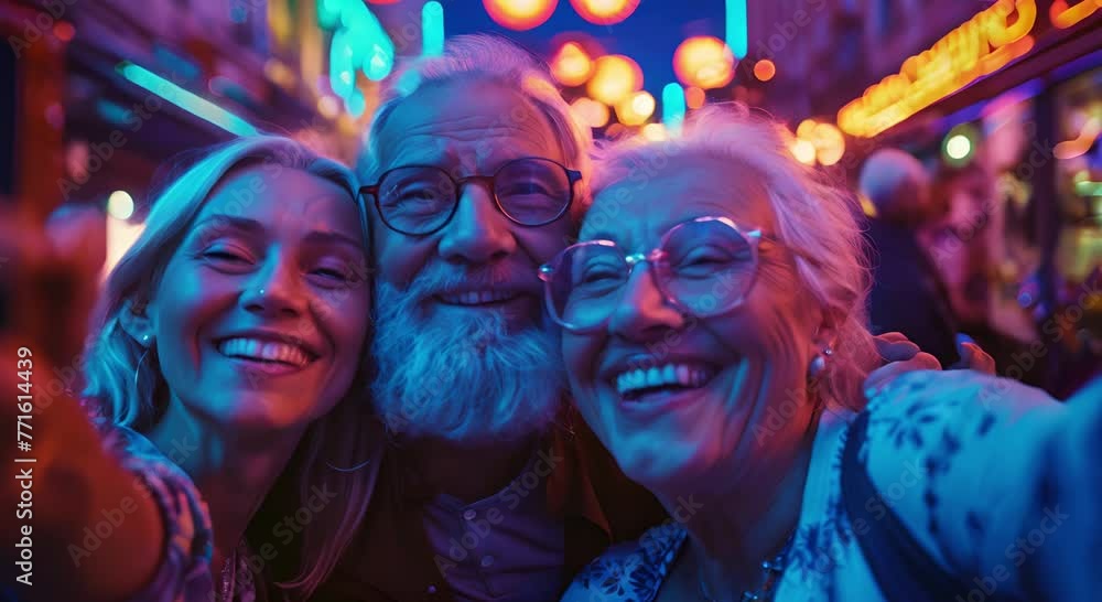 Medium shot of elder friends taking a selfie, neon nightclub lights creating a vivid backdrop for their memorable moment Medium shot of elder friends taking a selfie, neon nightclub lights creating a vivid backdrop for their memorable moment