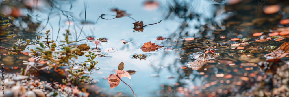 The image shows a clear reflection of green leaves in a puddle of water, creating a mirror image on the waters surface The image shows a clear reflection of green leaves in a puddle of water, creating a mirror image on the waters surface