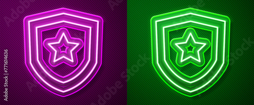 Glowing neon line Police badge icon isolated on purple and green background. Sheriff badge sign. Vector
