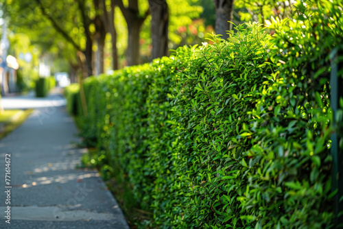 A sidewalk running alongside lush green bushes and trees, creating a natural pathway