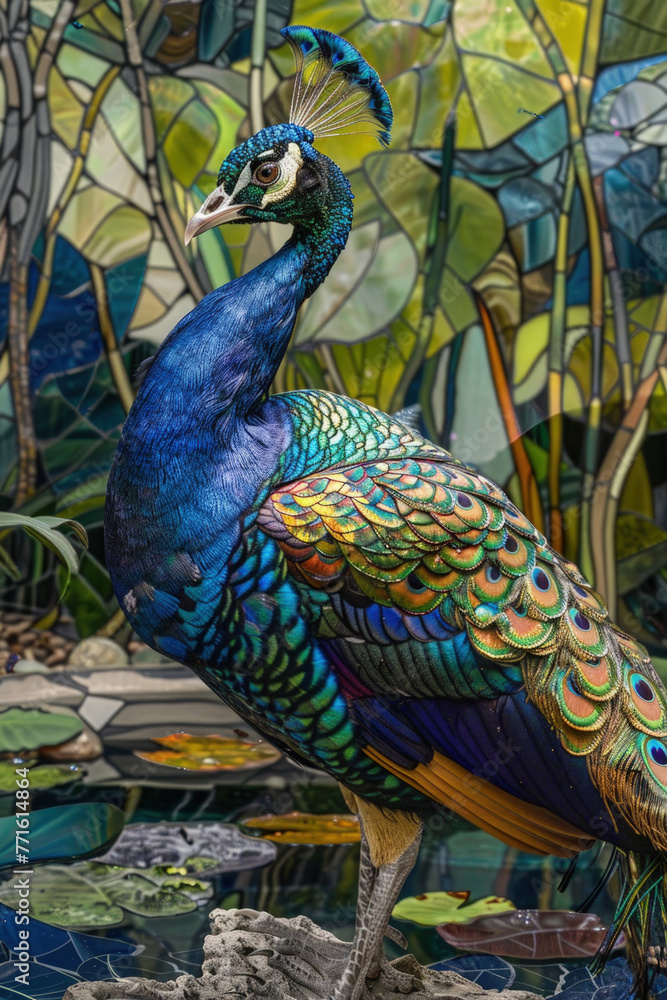 Obraz premium A peacock perched on a rock, displaying its vibrant feathers, with a stained glass window in the background