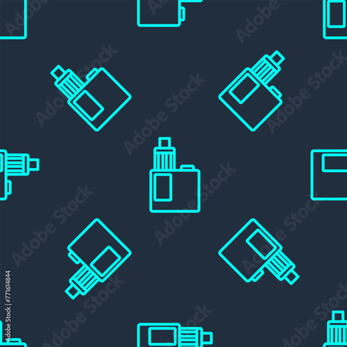 Green line Vape mod device icon isolated seamless pattern on blue background. Vape smoking tool. Vaporizer Device. Vector