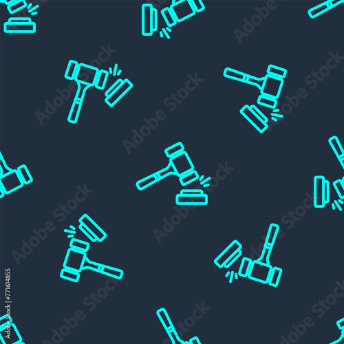 Green line Auction hammer icon isolated seamless pattern on blue background. Gavel - hammer of judge or auctioneer. Bidding process, deal done. Auction bidding. Vector