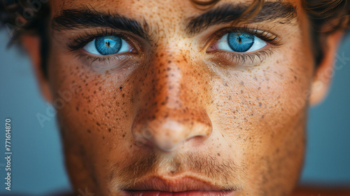 Close-up of a young man with striking blue eyes and freckles, intense gaze, and natural lighting. © amixstudio