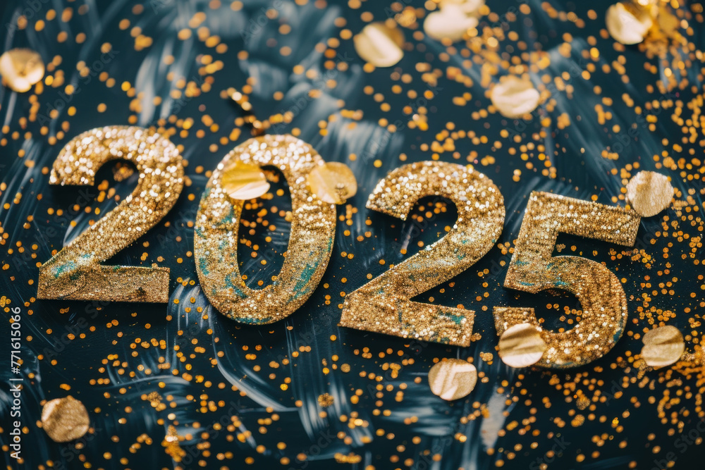 Golden numbers 2025 amidst sparkling confetti on a rich blue backdrop, suggesting a celebration of the New Year Golden numbers 2025 amidst sparkling confetti on a rich blue backdrop, suggesting a celebration of the New Year