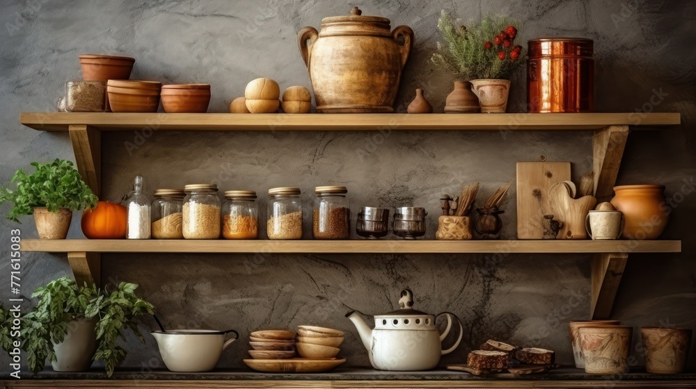 Wooden shelves with kitchen utensils and plants. Atmospheric tradition European kitchen interior in vintage style.