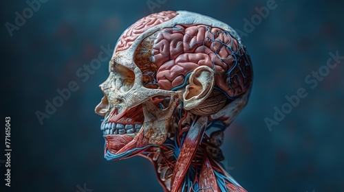 Detailed 3D rendering of a dissected view into the human skull, revealing parts of the brain including the cerebellum and intricate gyrus patterns, for educational biology insight