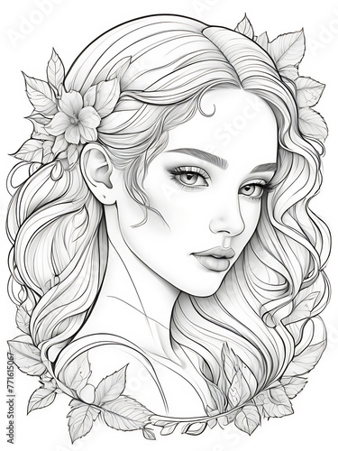 Girl sketch with line smoothly outline shape coloring page  white background  ai generated 