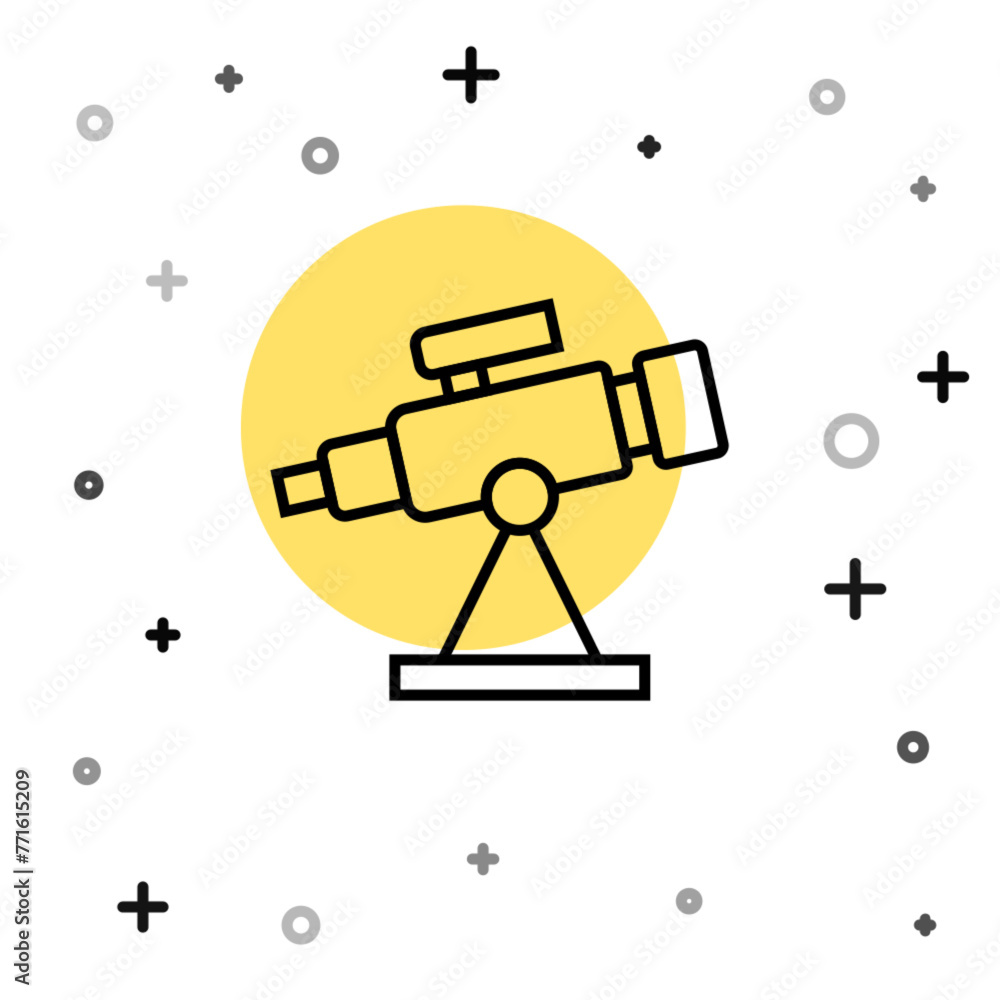 Black line Telescope icon isolated on white background. Scientific tool. Education and astronomy element, spyglass and study stars. Random dynamic shapes. Vector Black line Telescope icon isolated on white background. Scientific tool. Education and astronomy element, spyglass and study stars. Random dynamic shapes. Vector