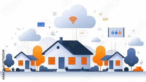 Conceptual flat design showcasing communication between laptop, tablet, phone, and home devices with a cloud database, emphasizing smart connectivity