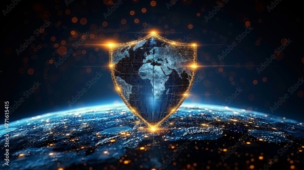 Anti-hacking concept illustrated with a digital shield enveloping earth, mobile devices, and a laptop, signifying a secure network against cyber attacks - obrazy, fototapety, plakaty 