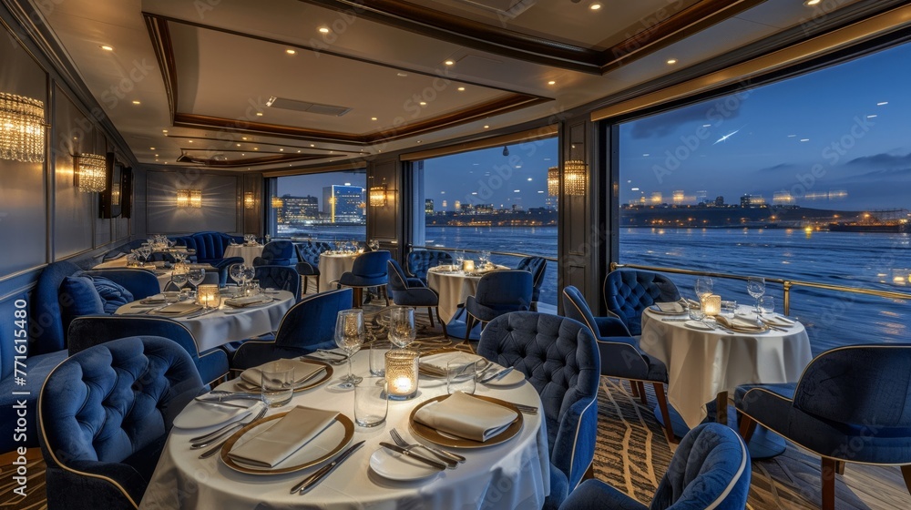 Fototapeta premium Awardwinning chefs seafood haven, a refined and sophisticated interior with a menu showcasing innovative seafood creations, polished and exclusive