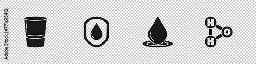 Set Glass with water, Waterproof, drop and Chemical formula for H2O icon. Vector