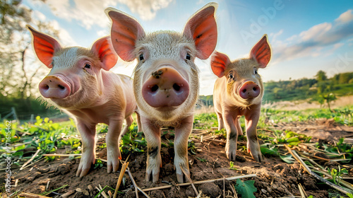Three pigs of different colors standing next to each other in a grassy field