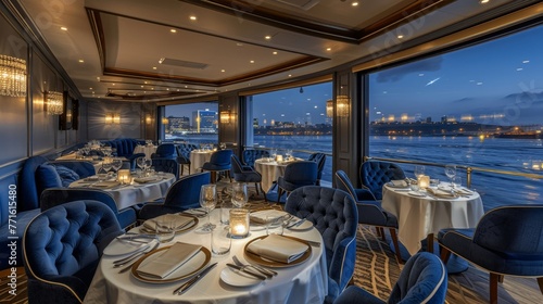 Awardwinning chefs seafood haven, a refined and sophisticated interior with a menu showcasing innovative seafood creations, polished and exclusive photo