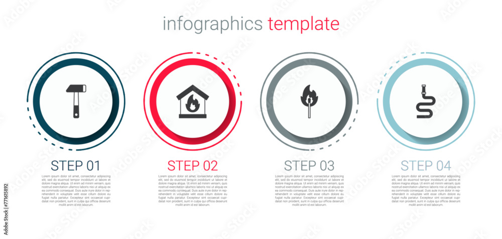 Set Hammer, Fire in burning house, Burning match with fire and hose reel. Business infographic template. Vector - obrazy, fototapety, plakaty 